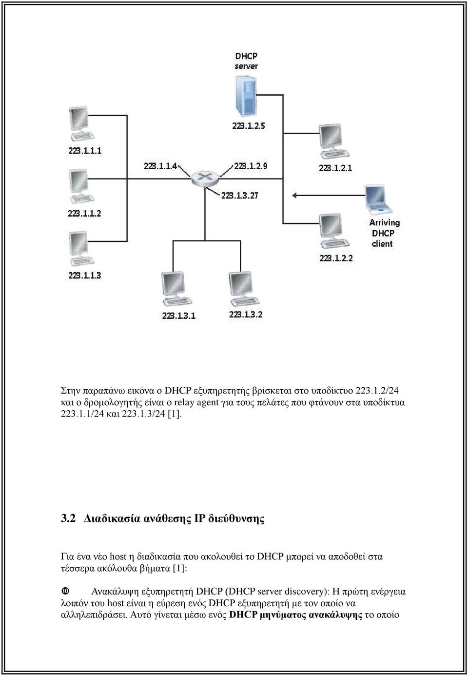 2 Διαδικασία ανάθεσης IP διεύθυνσης Για ένα νέο host η διαδικασία που ακολουθεί το DHCP μπορεί να αποδοθεί στα τέσσερα ακόλουθα βήματα