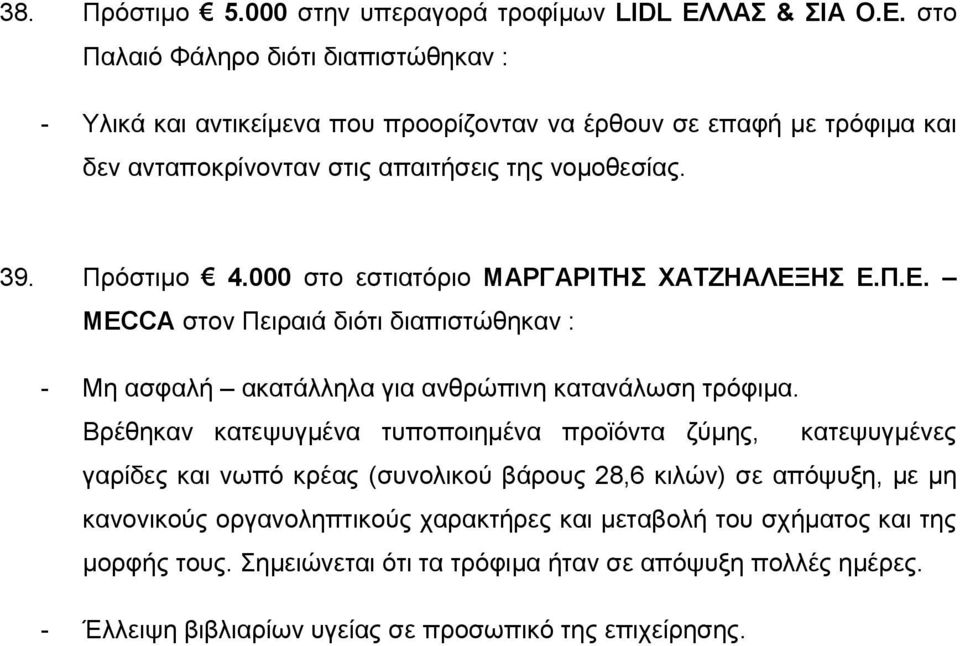 στο Παλαιό Φάληρο διότι διαπιστώθηκαν : - Υλικά και αντικείμενα που προορίζονταν να έρθουν σε επαφή με τρόφιμα και δεν ανταποκρίνονταν στις απαιτήσεις της νομοθεσίας.