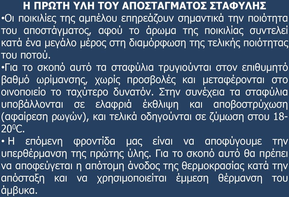 Για το σκοπό αυτό τα σταφύλια τρυγιούνται στον επιθυμητό βαθμό ωρίμανσης, χωρίς προσβολές και μεταφέρονται στο οινοποιείο το ταχύτερο δυνατόν.