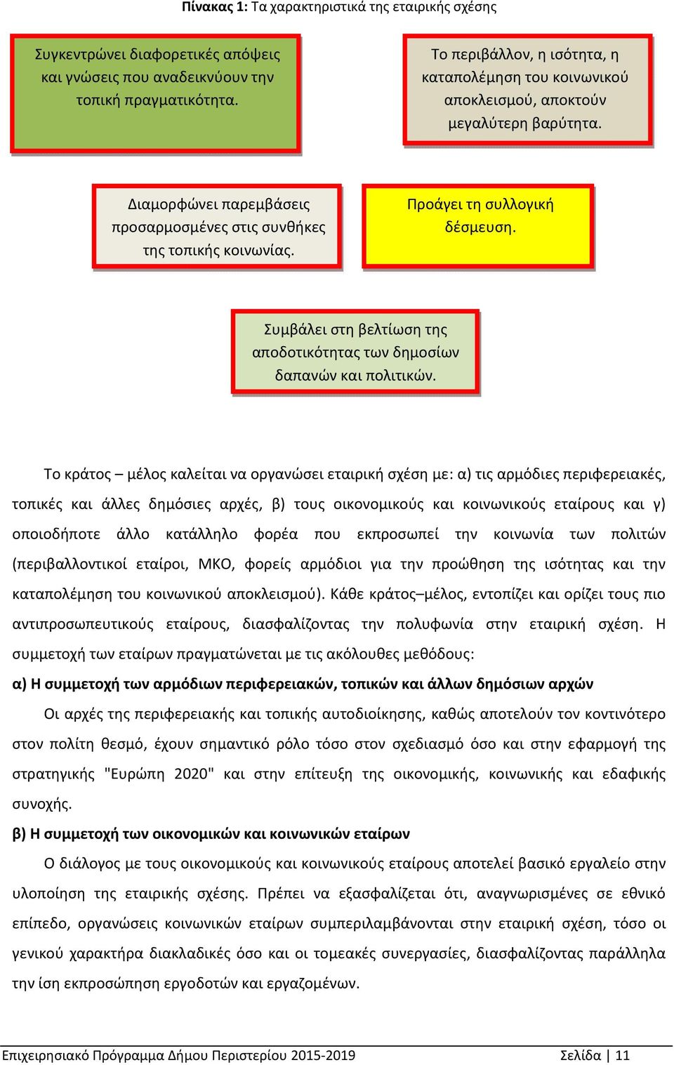 Προάγει τη συλλογική δέσμευση. Συμβάλει στη βελτίωση της αποδοτικότητας των δημοσίων δαπανών και πολιτικών.