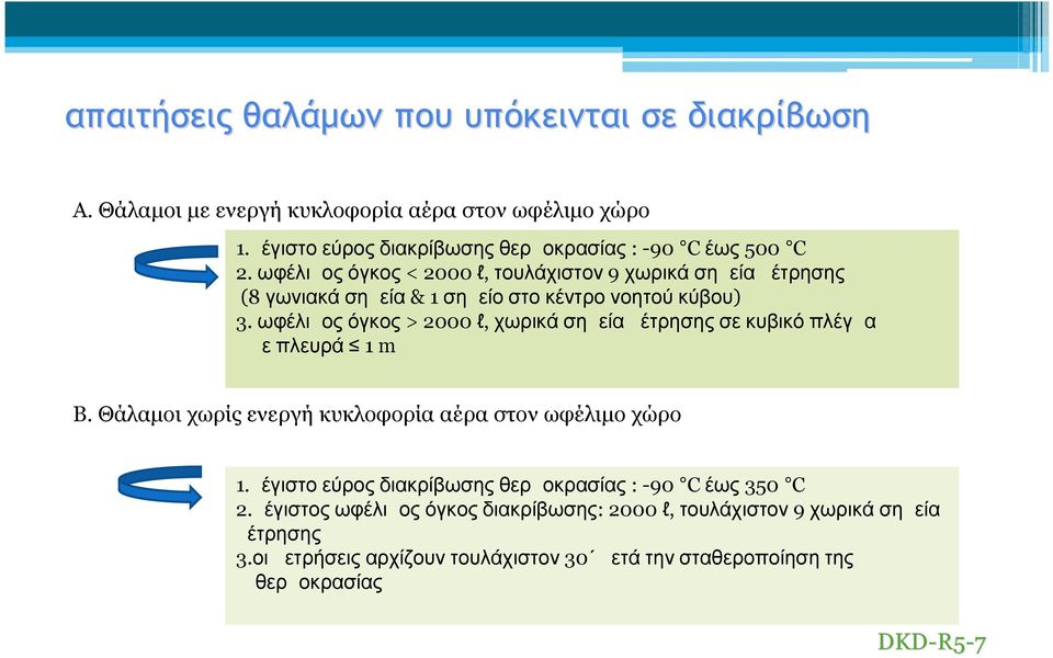 ωφέλιμος όγκος > 2000 l, χωρικά σημεία μέτρησης σε κυβικό πλέγμα με πλευρά 1 m Β. Θάλαμοι χωρίς ενεργή κυκλοφορία αέρα στον ωφέλιμο χώρο 1.