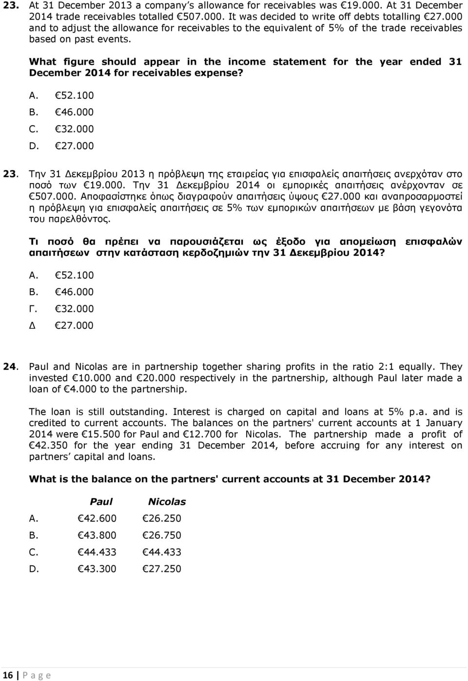 What figure should appear in the income statement for the year ended 31 December 2014 for receivables expense? A. 52.100 B. 46.000 C. 32.000 D. 27.000 23.