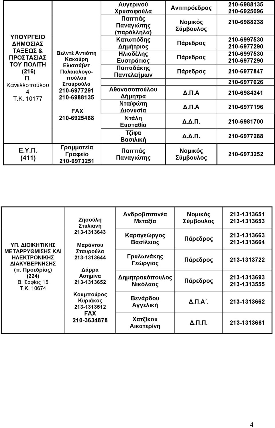 Κ. 10177 210-6988135 Δήμητρα Νταϊφώτη Δ.Π.Α 210-6977196 Διονυσία 210-6925468 Ντάλη Ευσταθία Δ.Δ.Π. 210-6981700 Τζίφα Βασιλική Δ.Δ.Π. 210-6977288 Γραμματεία Ε.Υ.Π. Παππάς Γραφείο (411) Παναγιώτης 210-6973251 210-6973252 ΥΠ.