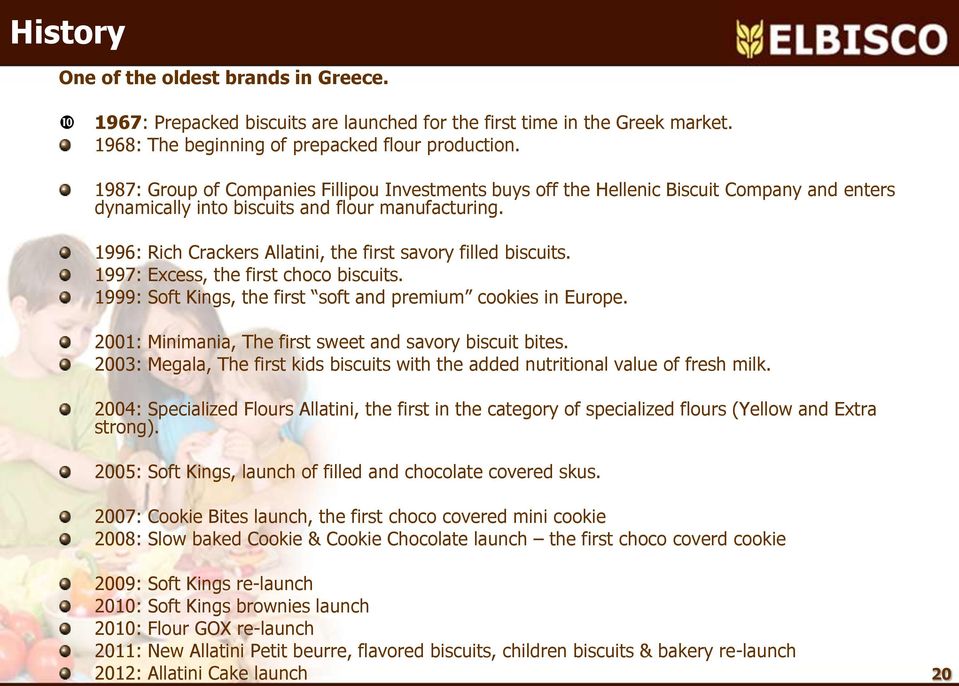 199: Rich Crackers Allatini, the first savory filled biscuits. 1997: Excess, the first choco biscuits. 1999: Soft Kings, the first soft and premium cookies in Europe.