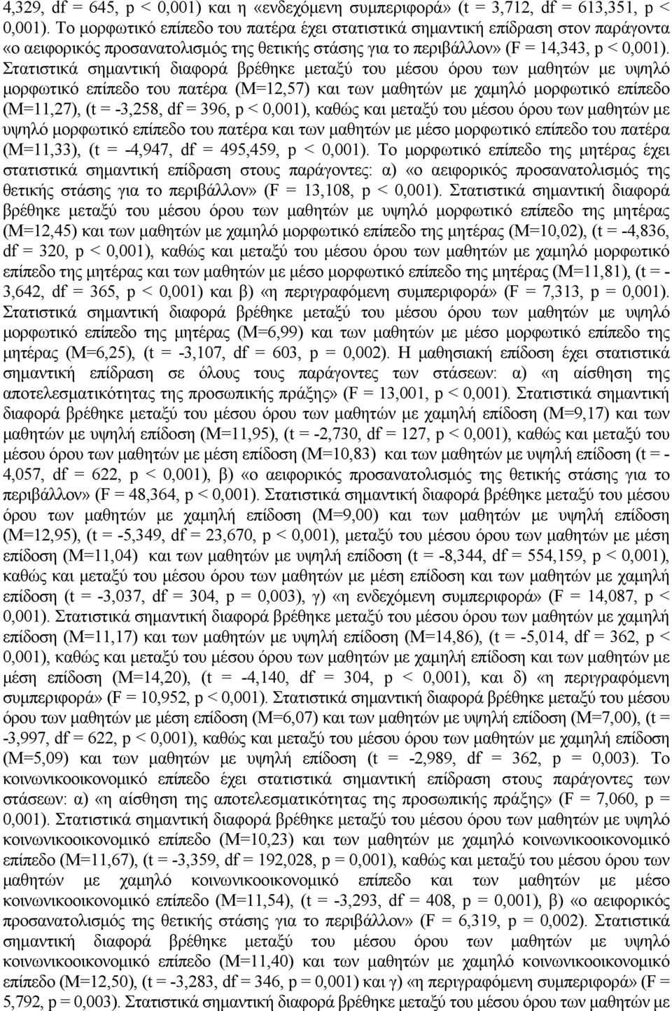 Στατιστικά σηµαντική διαφορά βρέθηκε µεταξύ του µέσου όρου των µαθητών µε υψηλό µορφωτικό επίπεδο του πατέρα (Μ=12,57) και των µαθητών µε χαµηλό µορφωτικό επίπεδο (Μ=11,27), (t = -3,258, df = 396, p