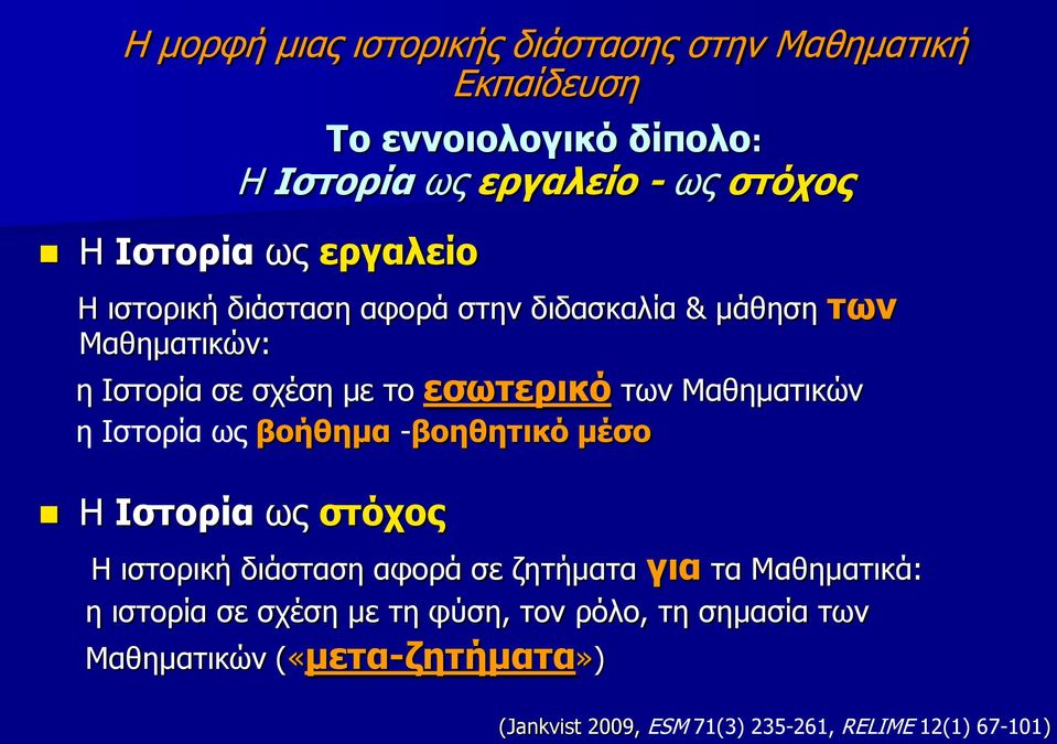 Μαθηματικών η Ιστορία ως βοήθημα -βοηθητικό μέσο Η Ιστορία ως στόχος Η ιστορική διάσταση αφορά σε ζητήματα για τα Μαθηματικά: η