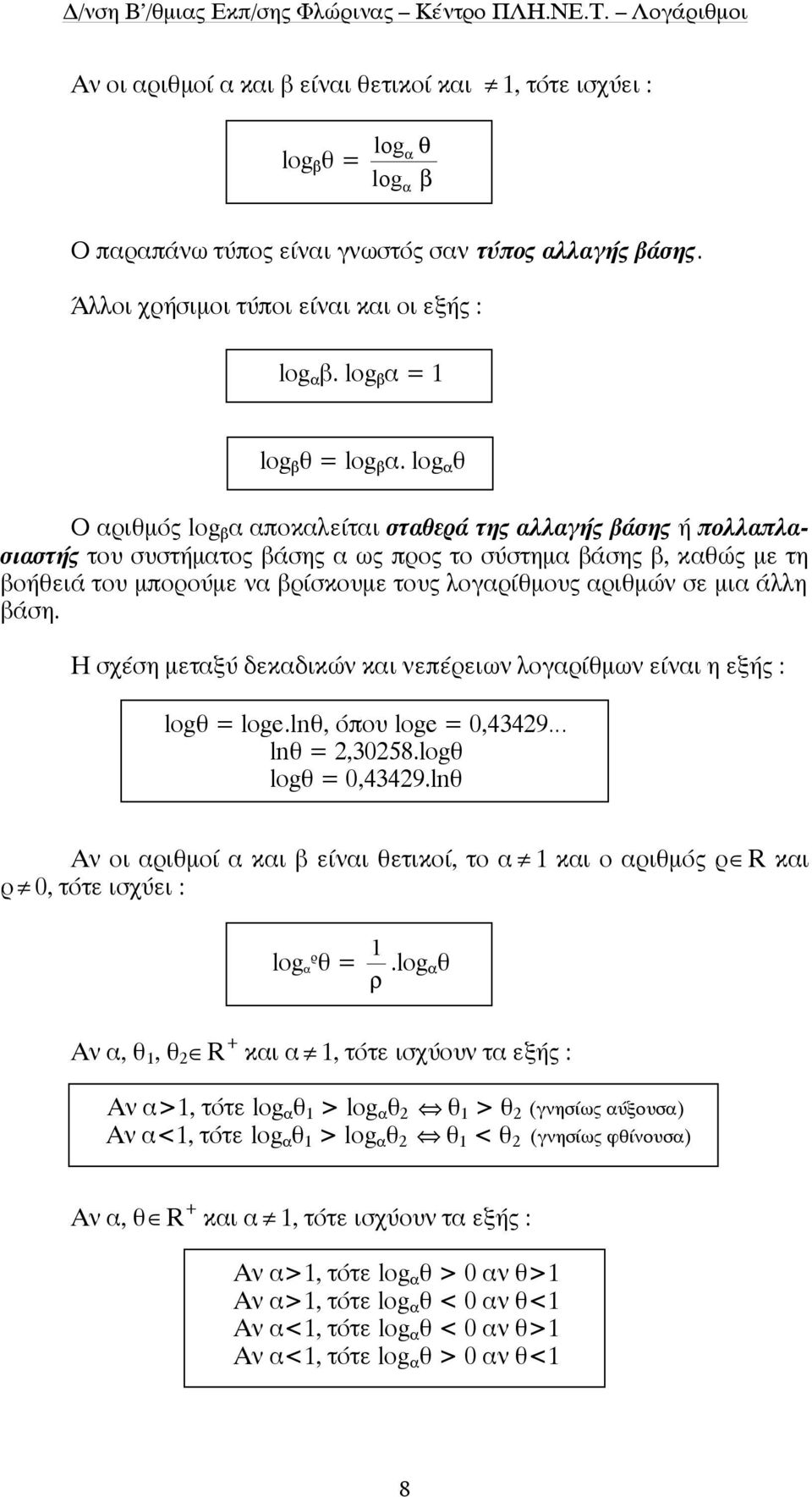 log α θ Ο αριθµός log β α αποκαλείται σταθερά της αλλαγής βάσης ή πολλαπλασιαστής του συστήµατος βάσης α ως προς το σύστηµα βάσης β, καθώς µε τη βοήθειά του µπορούµε να βρίσκουµε τους λογαρίθµους
