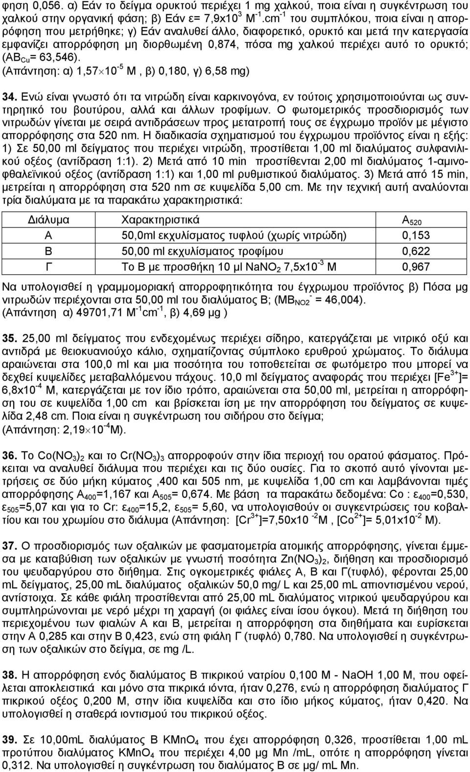 ορυκτό; (ΑΒ Cu = 63,546). (Απάντηση: α) 1,57 10-5 Μ, β) 0,180, γ) 6,58 mg) 34.
