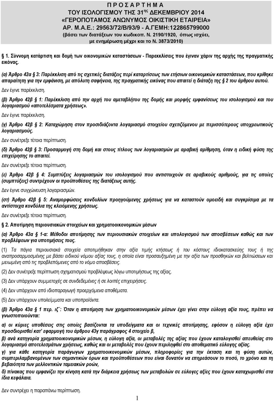 (α) Άρθρο 42α 3: Παρέκκλιση από τις σχετικές διατάξεις περί καταρτίσεως των ετήσιων οικονομικών καταστάσεων, που κρίθηκε απαραίτητη για την εμφάνιση, με απόλυτη σαφήνεια, της πραγματικής εικόνας που