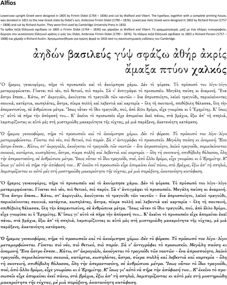 Lowercase italic Greek were designed in 1802 by Richard Porson (1757 1808) and cut by Richard Austin. They were first used by Cambridge University Press in 1810.