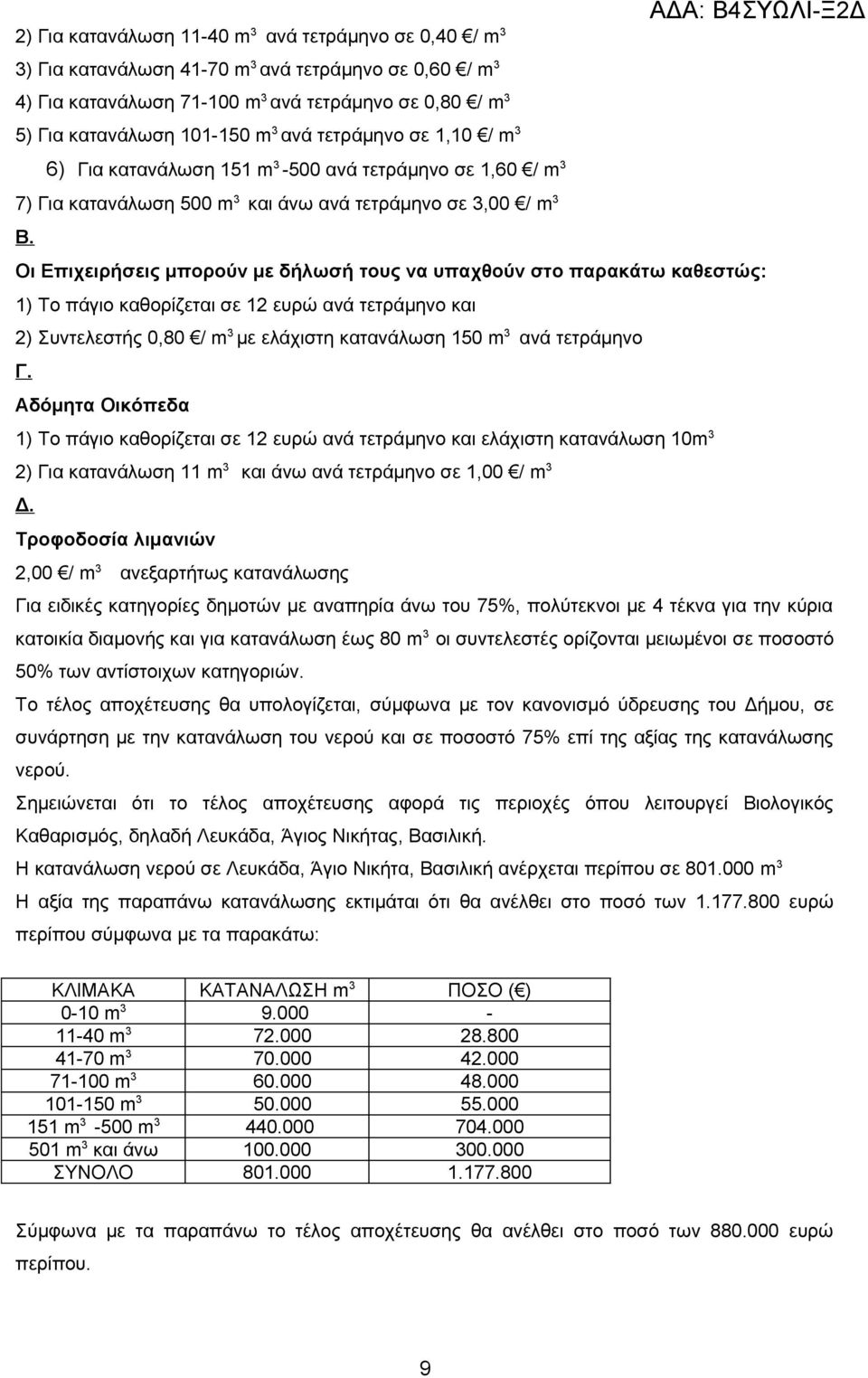 Οι Επιχειρήσεις μπορούν με δήλωσή τους να υπαχθούν στο παρακάτω καθεστώς: 1) To πάγιο καθορίζεται σε 12 ευρώ ανά τετράμηνο και 2) Συντελεστής 0,80 / m 3 με ελάχιστη κατανάλωση 150 m 3 ανά τετράμηνο Γ.