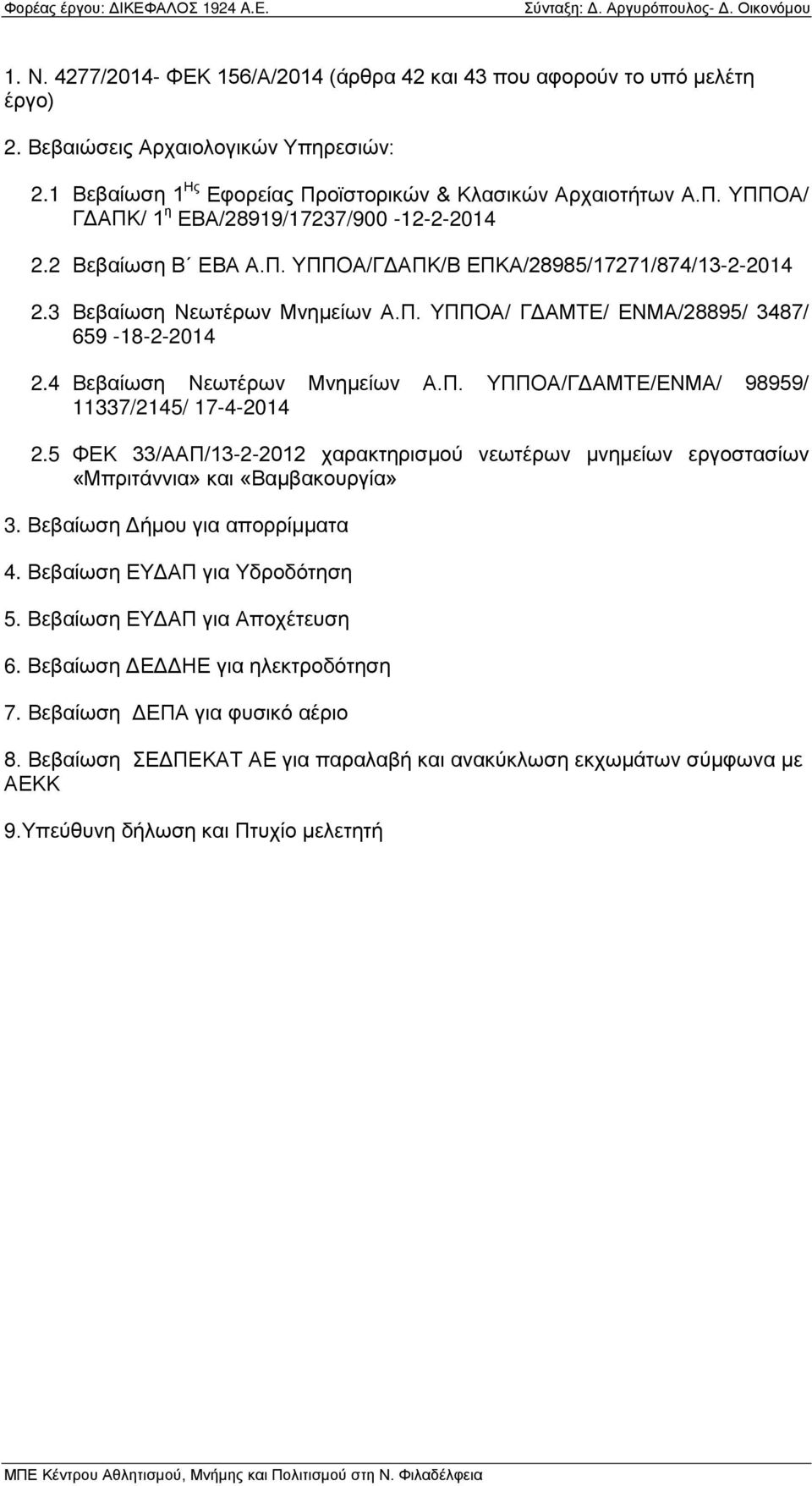 5 ΦΕΚ 33/ΑΑΠ/13-2-2012 χαρακτηρισμού νεωτέρων μνημείων εργοστασίων «Μπριτάννια» και «Βαμβακουργία» 3. Βεβαίωση Δήμου για απορρίμματα 4. Βεβαίωση ΕΥΔΑΠ για Υδροδότηση 5.