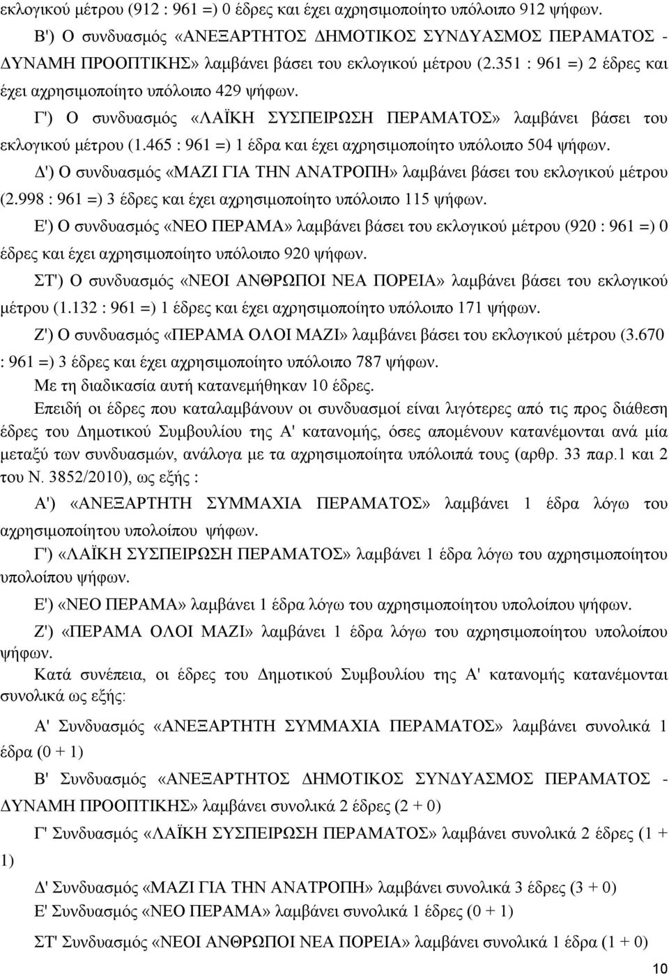 Γ') Ο συνδυασμός «ΛΑΪΚΗ ΣΥΣΠΕΙΡΩΣΗ ΠΕΡΑΜΑΤΟΣ» λαμβάνει βάσει του εκλογικού μέτρου (1.465 : 961 =) 1 έδρα και έχει αχρησιμοποίητο υπόλοιπο 504 ψήφων.