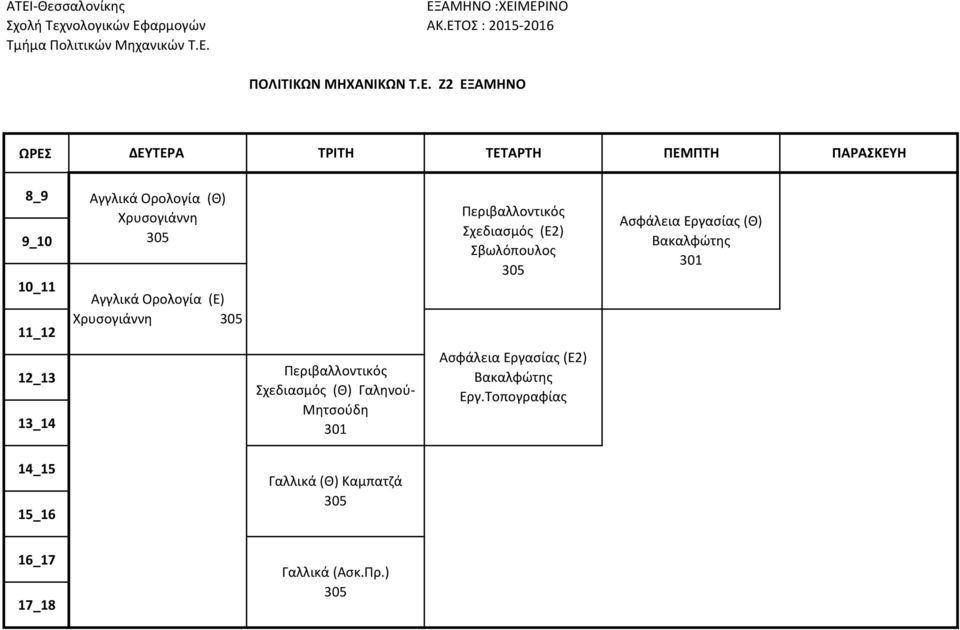 Περιβαλλοντικός Σχεδιασμός (Ε2) Σβωλόπουλος Ασφάλεια Εργασίας (Θ) Βακαλφώτης