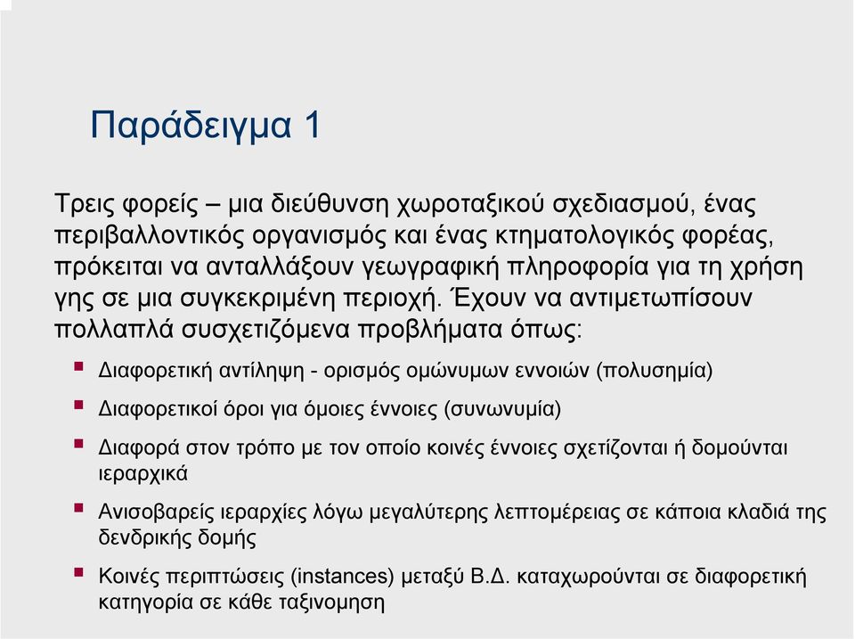 Έχουν να αντιµετωπίσουν πολλαπλά συσχετιζόµενα προβλήµατα όπως: ιαφορετική αντίληψη - ορισµός οµώνυµων εννοιών (πολυσηµία) ιαφορετικοί όροι για όµοιες έννοιες