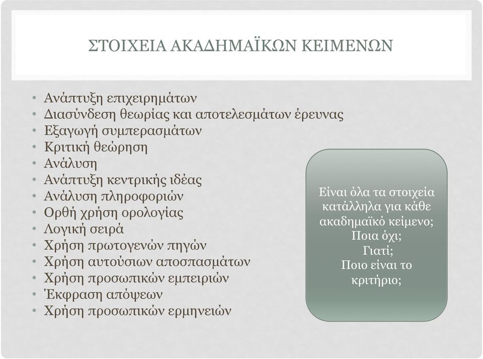 σειρά Χρήση πρωτογενών πηγών Χρήση αυτούσιων αποσπασµάτων Χρήση προσωπικών εµπειριών Έκφραση απόψεων Χρήση