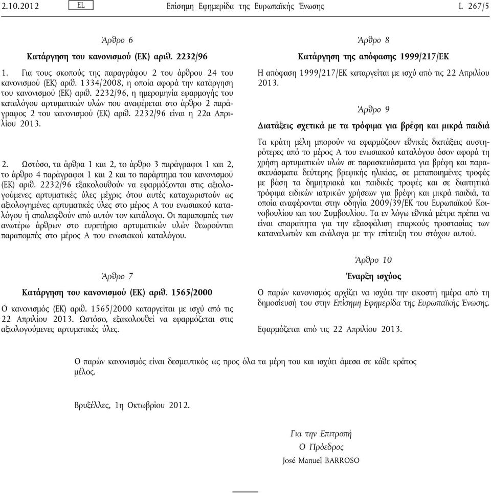 2232/96 είναι η 22α Απριλίου 2013. 2. Ωστόσο, τα άρθρα 1 και 2, το άρθρο 3 παράγραφοι 1 και 2, το άρθρο 4 παράγραφοι 1 και 2 και το παράρτημα του κανονισμού (ΕΚ) αριθ.