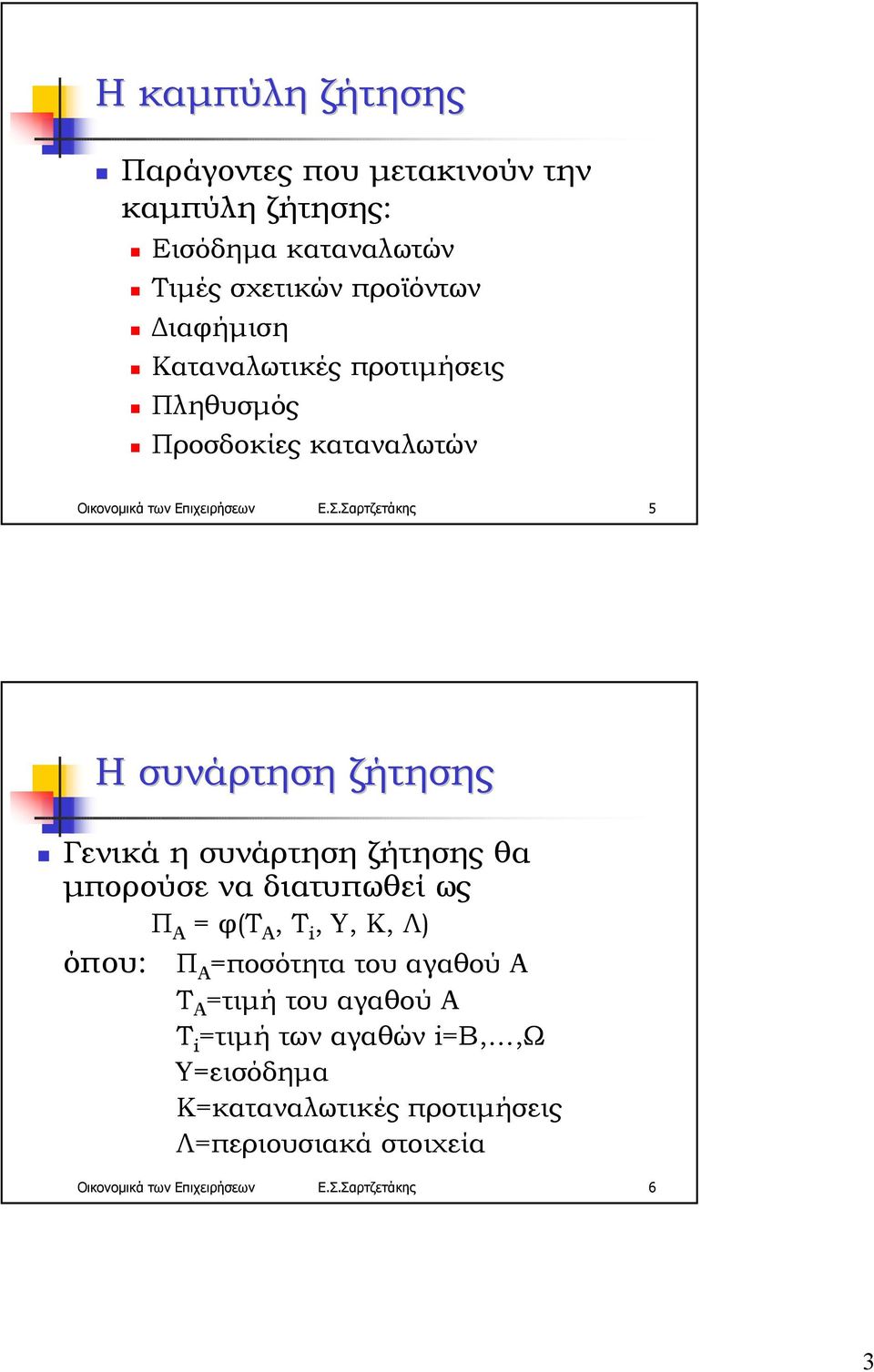 Γενικά η συνάρτηση ζήτησης θα µπορούσε να διατυπωθεί ως Π Α = φ(τ Α, Τ i, Y, K, Λ) όπου: Π Α =ποσότητα του αγαθού Α Τ Α =τιµή του