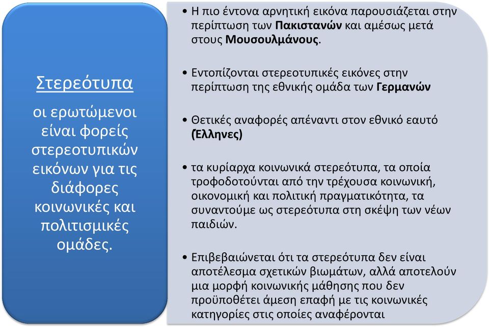 Εντοπίζονται στερεοτυπικές εικόνες στην περίπτωση της εθνικής ομάδα των Γερμανών Θετικές αναφορές απέναντι στον εθνικό εαυτό (Έλληνες) τα κυρίαρχα κοινωνικά στερεότυπα, τα οποία