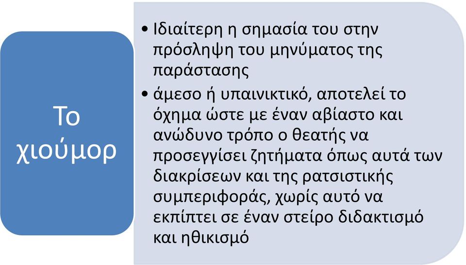 ο θεατής να προσεγγίσει ζητήματα όπως αυτά των διακρίσεων και της ρατσιστικής