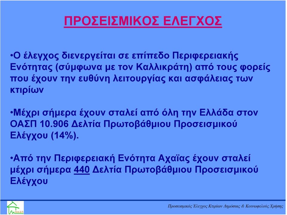 έχουν σταλεί από όλη την Ελλάδα στον ΟΑΣΠ 10.906 Δελτία Πρωτοβάθμιου Προσεισμικού Ελέγχου (14%).