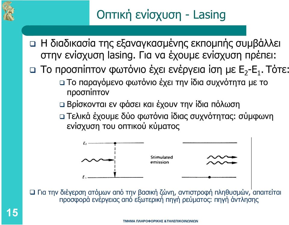 Τότε: Το παραγόµενο φωτόνιο έχει την ίδια συχνότητα µε το προσπίπτον Βρίσκονται εν φάσει και έχουν την ίδια πόλωση Τελικά έχουµε