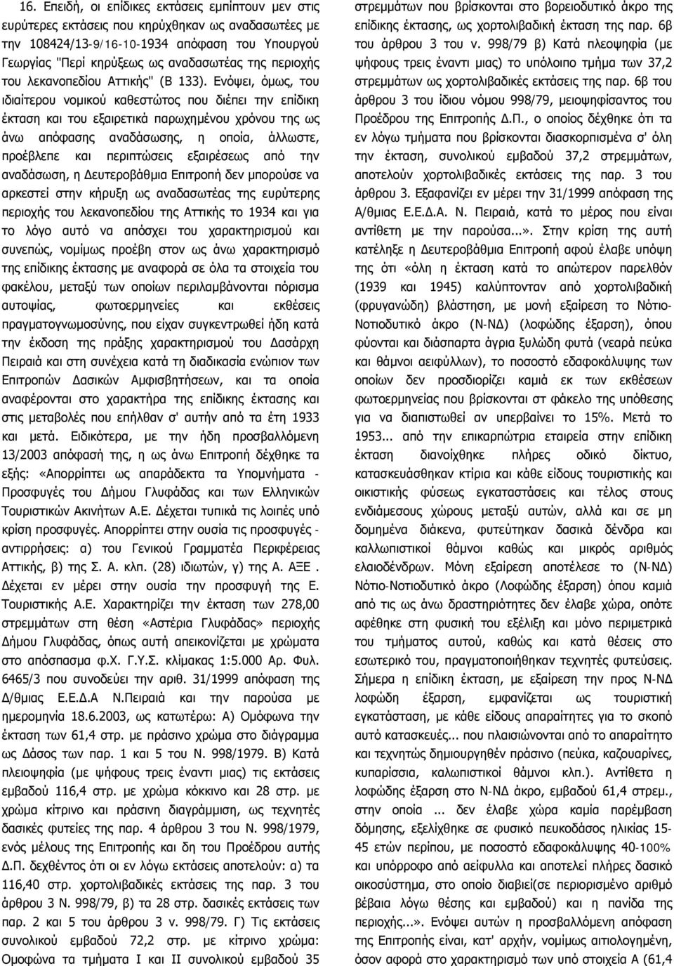 Ενόψει, όμως, του ιδιαίτερου νομικού καθεστώτος που διέπει την επίδικη έκταση και του εξαιρετικά παρωχημένου χρόνου της ως άνω απόφασης αναδάσωσης, η οποία, άλλωστε, προέβλεπε και περιπτώσεις