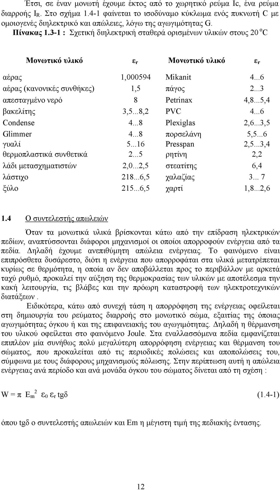 3-1 : Σχετική διηλεκτρική σταθερά ορισµένων υλικών στους 20 o C Μονωτικό υλικό ε r Μονωτικό υλικό ε r αέρας 1,000594 Mikanit 4...6 αέρας (κανονικές συνθήκες) 1,5 πάγος 2.