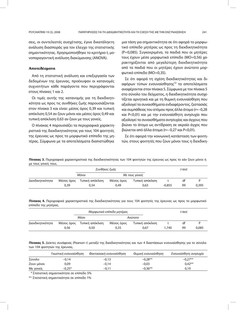 Από τη στατιστική ανάλυση και επεξεργασία των δεδομένων της έρευνας, προέκυψαν οι κατανομές συχνοτήτων κάθε παράγοντα που περιγράφονται στους πίνακες 1 και 2.