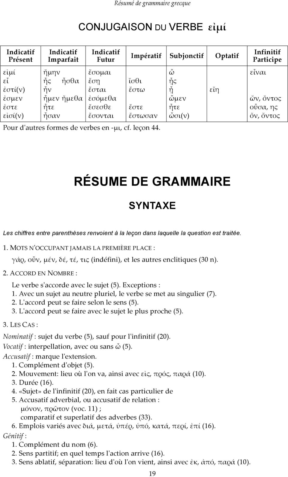 ὦ ᾖς ᾖ ὦμεν ἦτε ὦσι(ν) εἴη Infinitif Participe εἶναι ὤν, ὄντος οὖσα, ης ὄν, ὄντος RÉSUME DE GRAMMAIRE SYNTAXE Les chiffres entre parenthèses renvoient à la leçon dans laquelle la question est traitée.