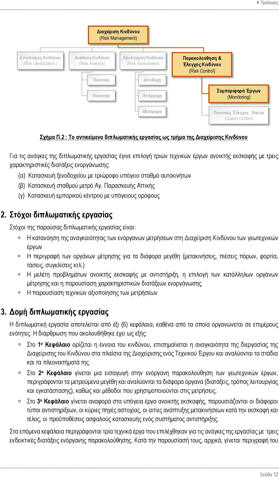 2 : Το αντικείμενο διπλωματικής εργασίας ως τμήμα της Διαχείρισης Κινδύνου Για τις ανάγκες της διπλωματικής εργασίας έγινε επιλογή τριών τεχνικών έργων ανοικτής εκσκαφής με τρεις χαρακτηριστικές