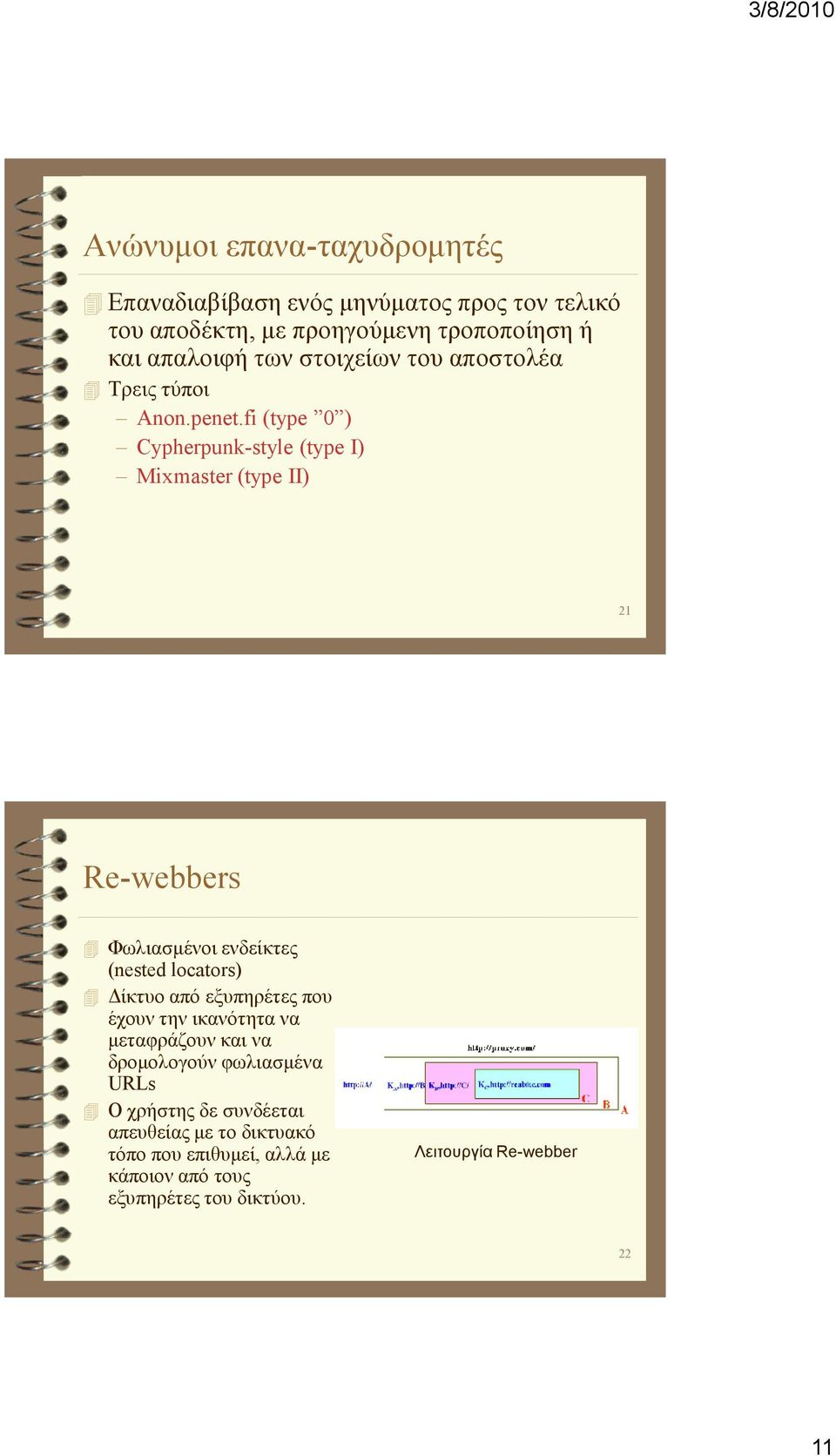 fi (type 0 ) Cypherpunk-style (type I) Mixmaster (type II) 21 Re-webbers Φωλιασµένοι ενδείκτες (nested locators) ίκτυο από