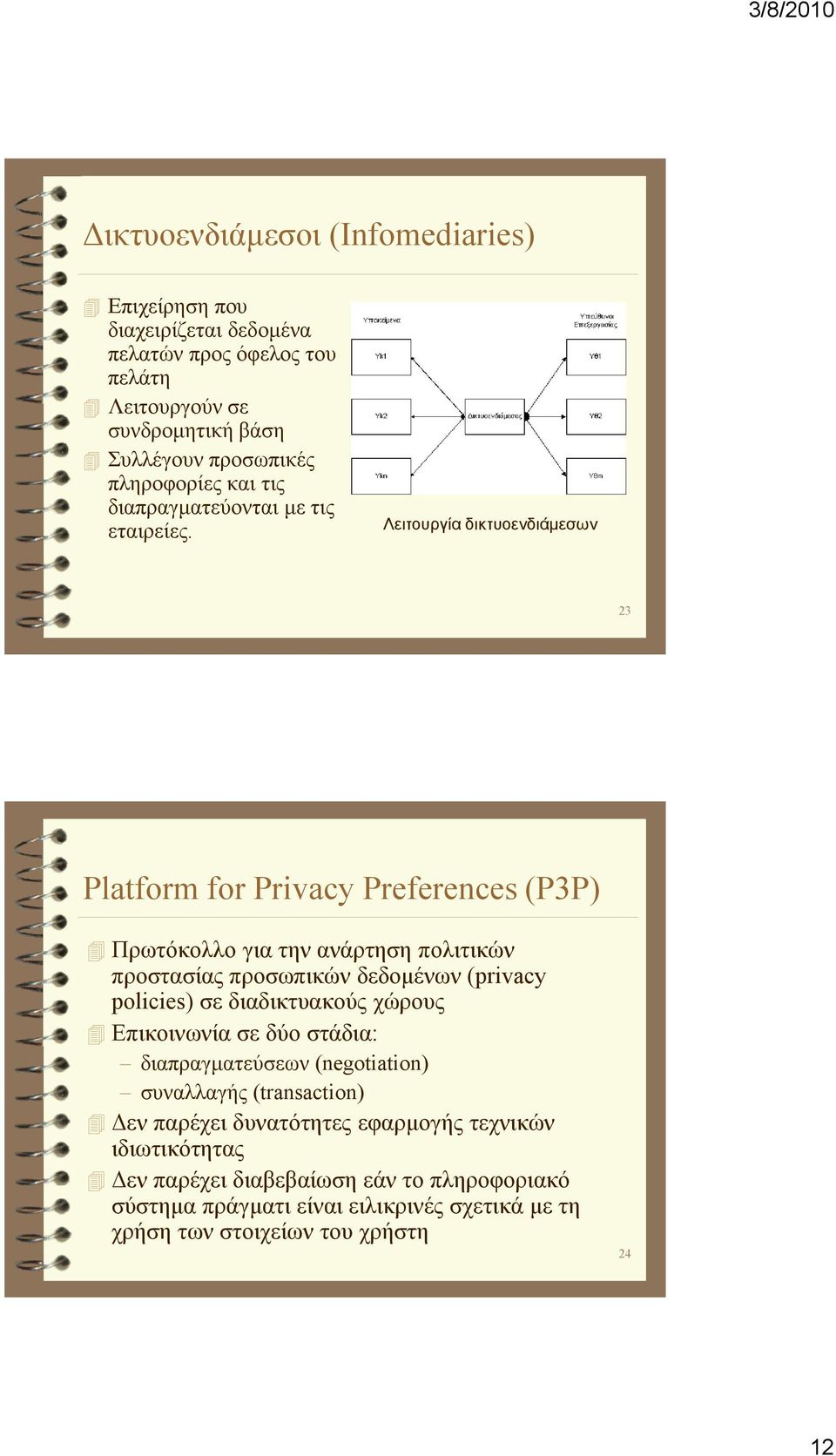 Λειτουργία δικτυοενδιάµεσων 23 Platform for Privacy Preferences (P3P) Πρωτόκολλο για την ανάρτηση πολιτικών προστασίας προσωπικών δεδοµένων (privacy policies) σε