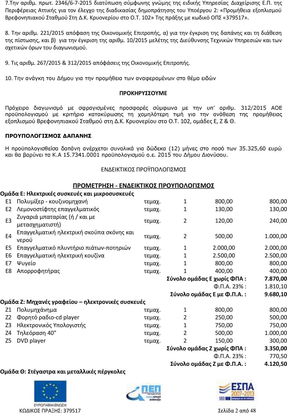 Την αριθμ. 221/2015 απόφαση της Οικονομικής Επιτροπής, α) για την έγκριση της δαπάνης και τη διάθεση της πίστωσης, και β) για την έγκριση της αριθμ.