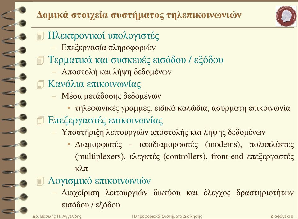 ιεηηνπξγηώλ απνζηνιήο θαη ιήςεο δεδνκέλσλ Γηακνξθσηέο - απνδηακνξθσηέο (modems), πνιππιέθηεο (multiplexers), ειεγθηέο (controllers), front-end επεμεξγαζηέο