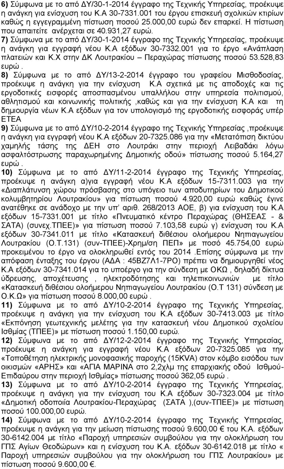 001 για το έργο «Ανάπλαση πλατειών και Κ.Χ στην ΔΚ Λουτρακίου Περαχώρας πίστωσης ποσού 53.528,83 ευρώ.