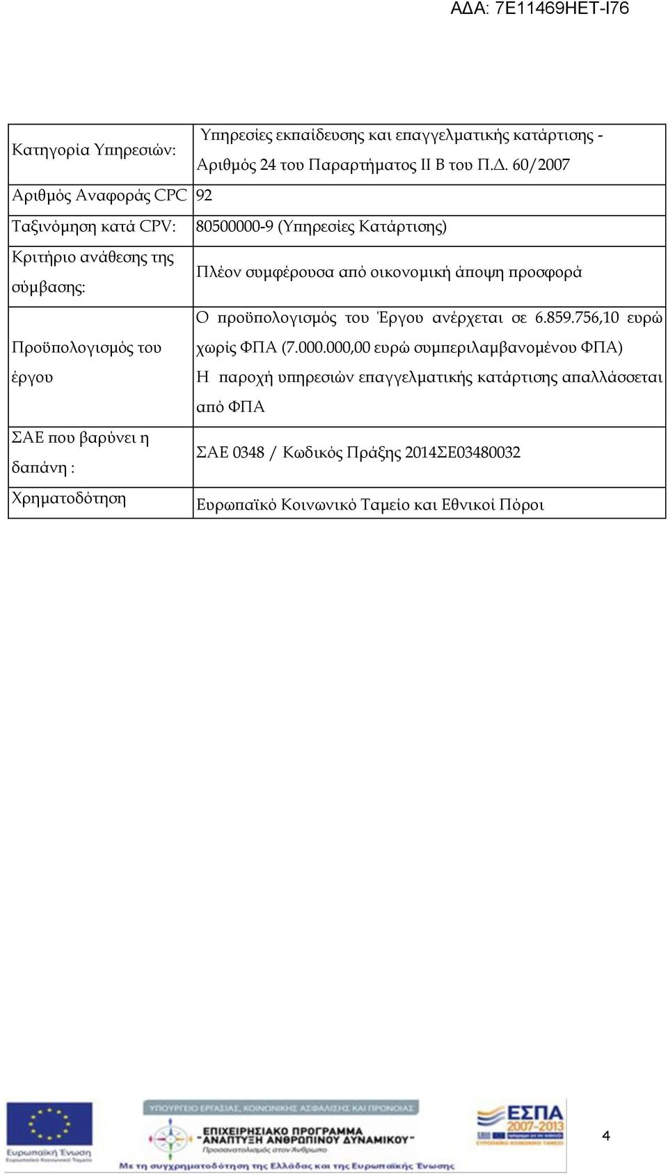 άποψη προσφορά Ο προϋπολογισμός του Έργου ανέρχεται σε 6.859.756,10 ευρώ Προϋπολογισμός του έργου ΣΑΕ που βαρύνει η δαπάνη : Χρηματοδότηση χωρίς ΦΠΑ (7.