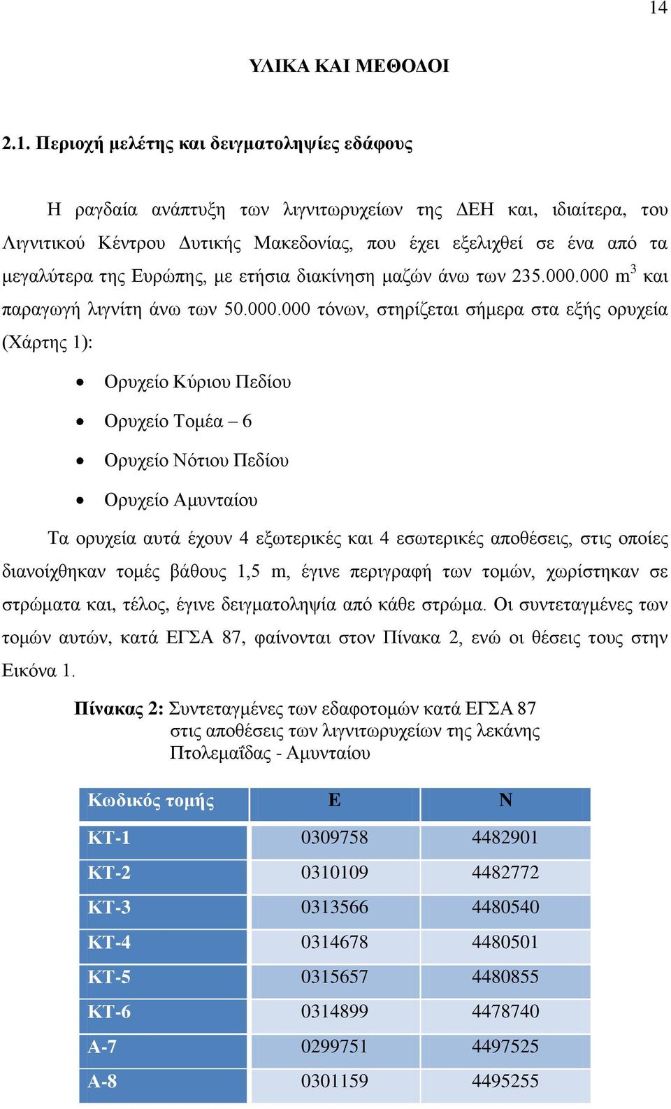 000 m 3 και παραγωγή λιγνίτη άνω των 50.000.000 τόνων, στηρίζεται σήμερα στα εξής ορυχεία (Χάρτης 1): Ορυχείο Κύριου Πεδίου Ορυχείο Τομέα 6 Ορυχείο Νότιου Πεδίου Ορυχείο Αμυνταίου Τα ορυχεία αυτά