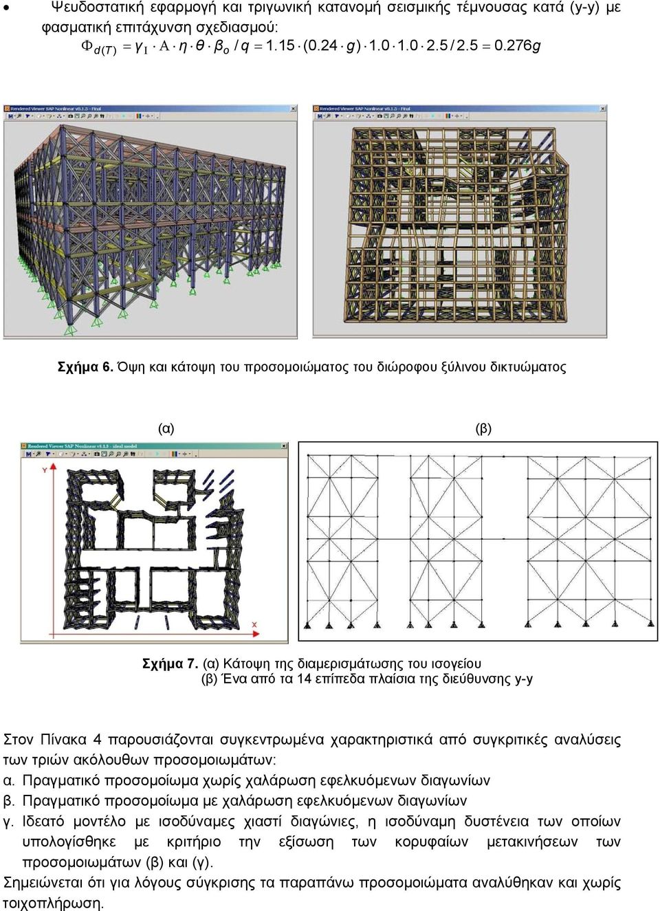 (α) Κάτοψη της διαμερισμάτωσης του ισογείου (β) Ένα από τα 14 επίπεδα πλαίσια της διεύθυνσης y-y Στον Πίνακα 4 παρουσιάζονται συγκεντρωμένα χαρακτηριστικά από συγκριτικές αναλύσεις των τριών