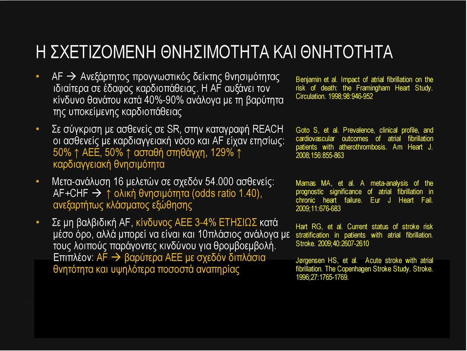 ετησίως: 50% ΑΕΕ, 50% ασταθή στηθάγχη, 129% καρδιαγγειακή θνησιµότητα Μετα-ανάλυση 16 µελετών σε σχεδόν 54.000 ασθενείς: AF+CHF ολική θνησιµότητα (odds ratio 1.