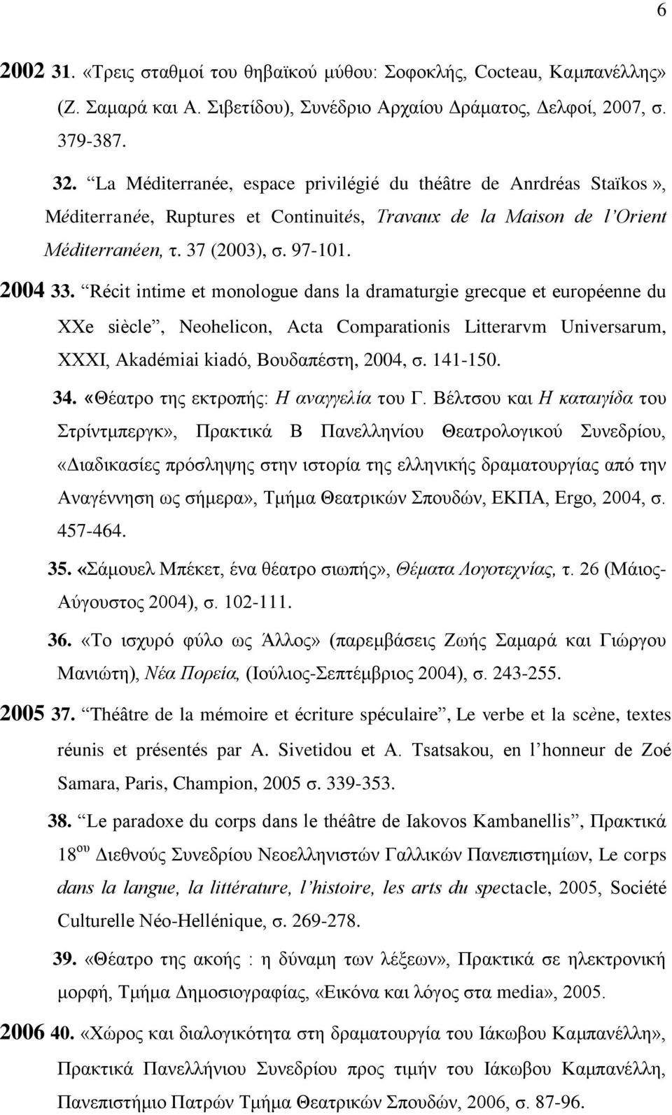 Récit intime et monologue dans la dramaturgie grecque et européenne du XXe siècle, Neohelicon, Acta Comparationis Litterarvm Universarum, XXXI, Akadémiai kiadó, Βουδαπέστη, 2004, σ. 141-150. 34.