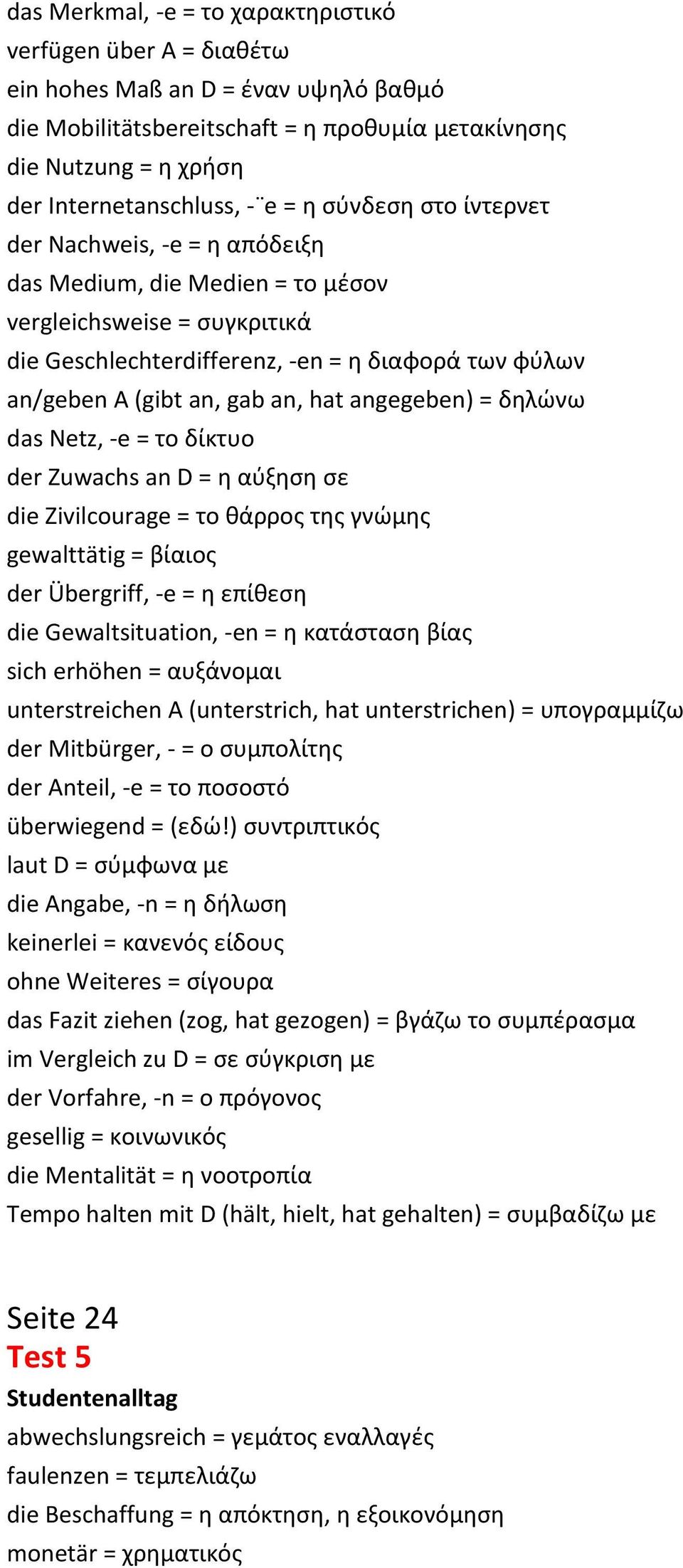 an, hat angegeben) = δηλώνω das Netz, -e = το δίκτυο der Zuwachs an D = η αύξηση σε die Zivilcourage = το θάρρος της γνώμης gewalttätig = βίαιος der Übergriff, -e = η επίθεση die Gewaltsituation, -en