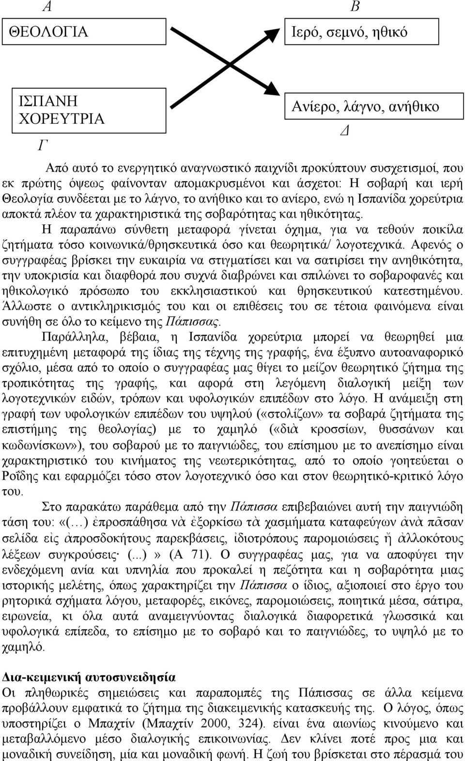 Η παραπάνω σύνθετη µεταφορά γίνεται όχηµα, για να τεθούν ποικίλα ζητήµατα τόσο κοινωνικά/θρησκευτικά όσο και θεωρητικά/ λογοτεχνικά.