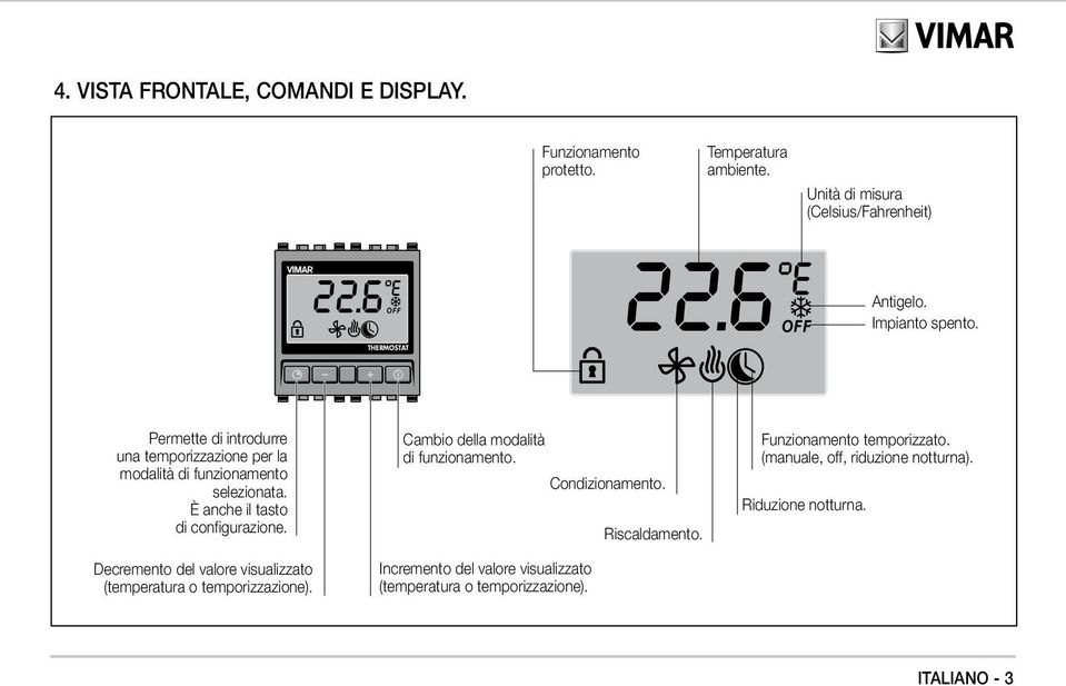 Decremento del valore visualizzato (temperatura o temporizzazione). Cambio della modalità di funzionamento. Condizionamento.