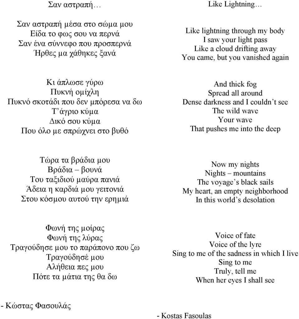 Dense darkness and I couldn t see The wild wave Your wave That pushes me into the deep Tώρα τα βράδια µου Βράδια βουνά Του ταξιδιού µαύρα πανιά Άδεια η καρδιά µου γειτονιά Στου κόσµου αυτού την