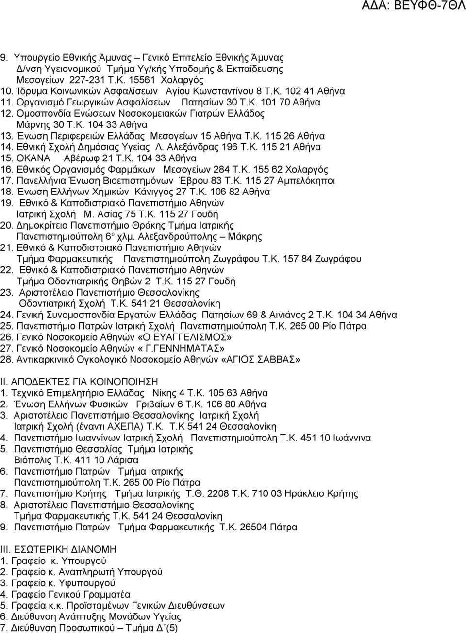 Ένωση Περιφερειών Ελλάδας Μεσογείων 15 Αθήνα Τ.Κ. 115 26 Αθήνα 14. Εθνική Σχολή Δημόσιας Υγείας Λ. Αλεξάνδρας 196 Τ.Κ. 115 21 Αθήνα 15. ΟΚΑΝΑ Αβέρωφ 21 Τ.Κ. 104 33 Αθήνα 16.