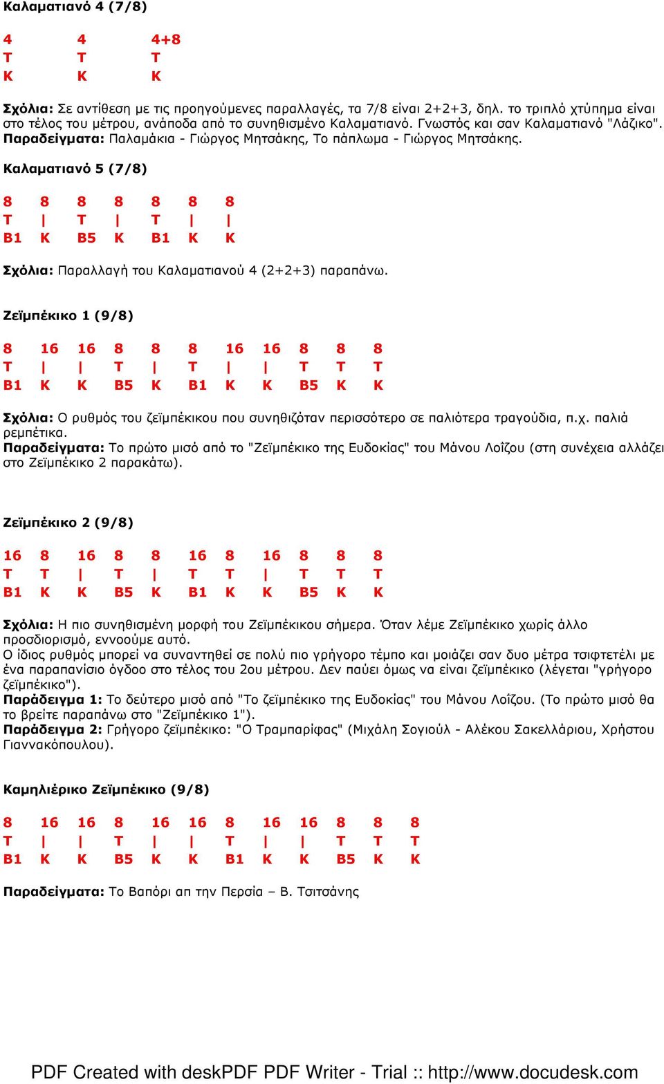 Καλαµατιανό 5 (7/8) 8 8 8 8 8 8 8 Τ Τ Τ Β1 Κ Β5 Κ Β1 Κ Κ Σχόλια: Παραλλαγή του Καλαµατιανού 4 (2+2+3) παραπάνω.