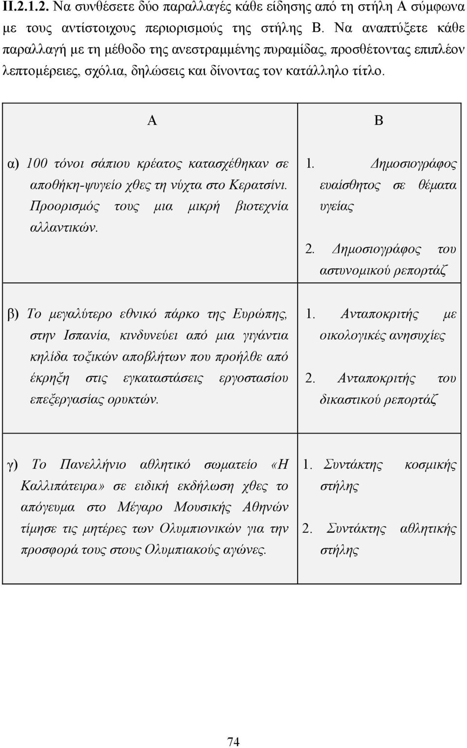 Α Β α) 100 τόνοι σάπιου κρέατος κατασχέθηκαν σε αποθήκη-ψυγείο χθες τη νύχτα στο Κερατσίνι. Προορισµός τους µια µικρή βιοτεχνία αλλαντικών. 1. ηµοσιογράφος ευαίσθητος σε θέµατα υγείας 2.