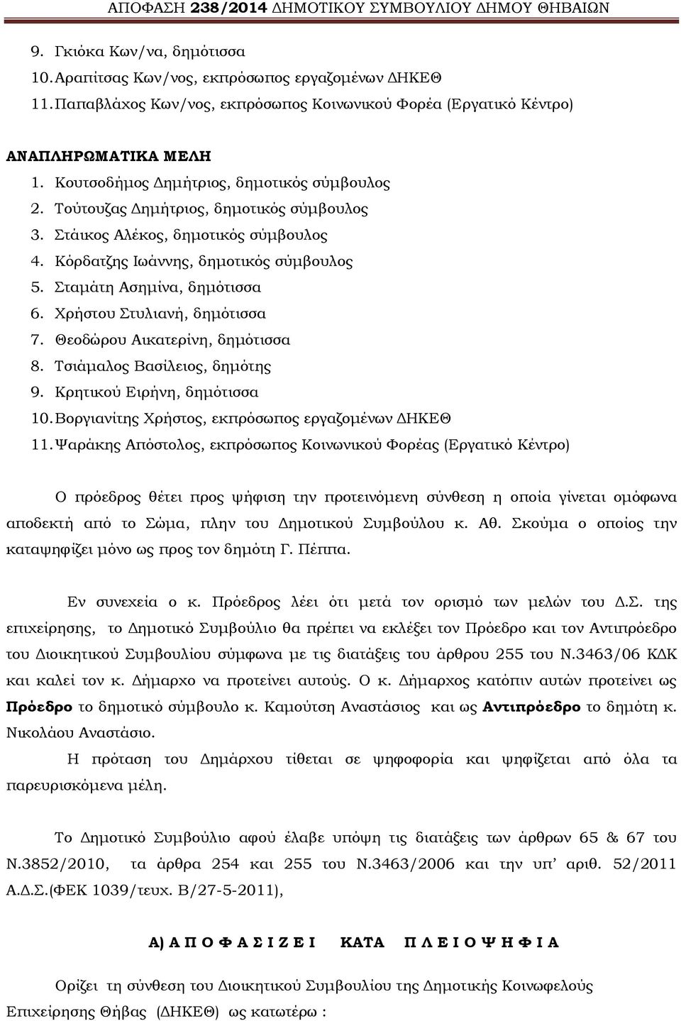 Χρήστου Στυλιανή, δημότισσα 7. Θεοδώρου Αικατερίνη, δημότισσα 8. Τσιάμαλος Βασίλειος, δημότης 9. Κρητικού Ειρήνη, δημότισσα 10. Βοργιανίτης Χρήστος, εκπρόσωπος εργαζομένων ΔΗΚΕΘ 11.