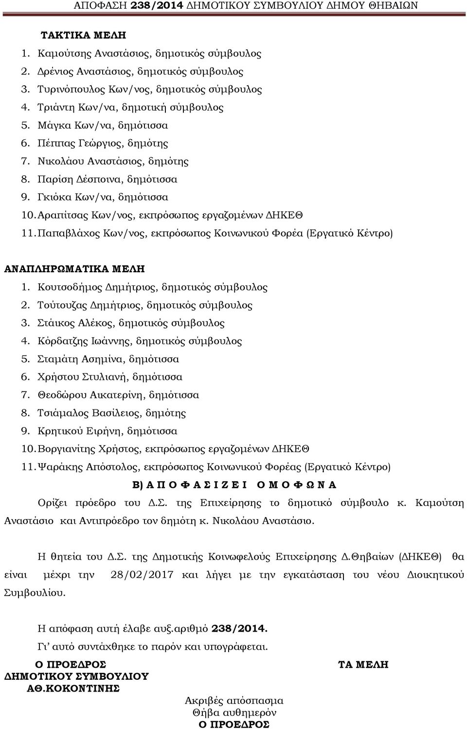 Παπαβλάχος Κων/νος, εκπρόσωπος Κοινωνικού Φορέα (Εργατικό Κέντρο) ΑΝΑΠΛΗΡΩΜΑΤΙΚΑ ΜΕΛΗ 1. Κουτσοδήμος Δημήτριος, δημοτικός σύμβουλος 2. Τούτουζας Δημήτριος, δημοτικός σύμβουλος 3.